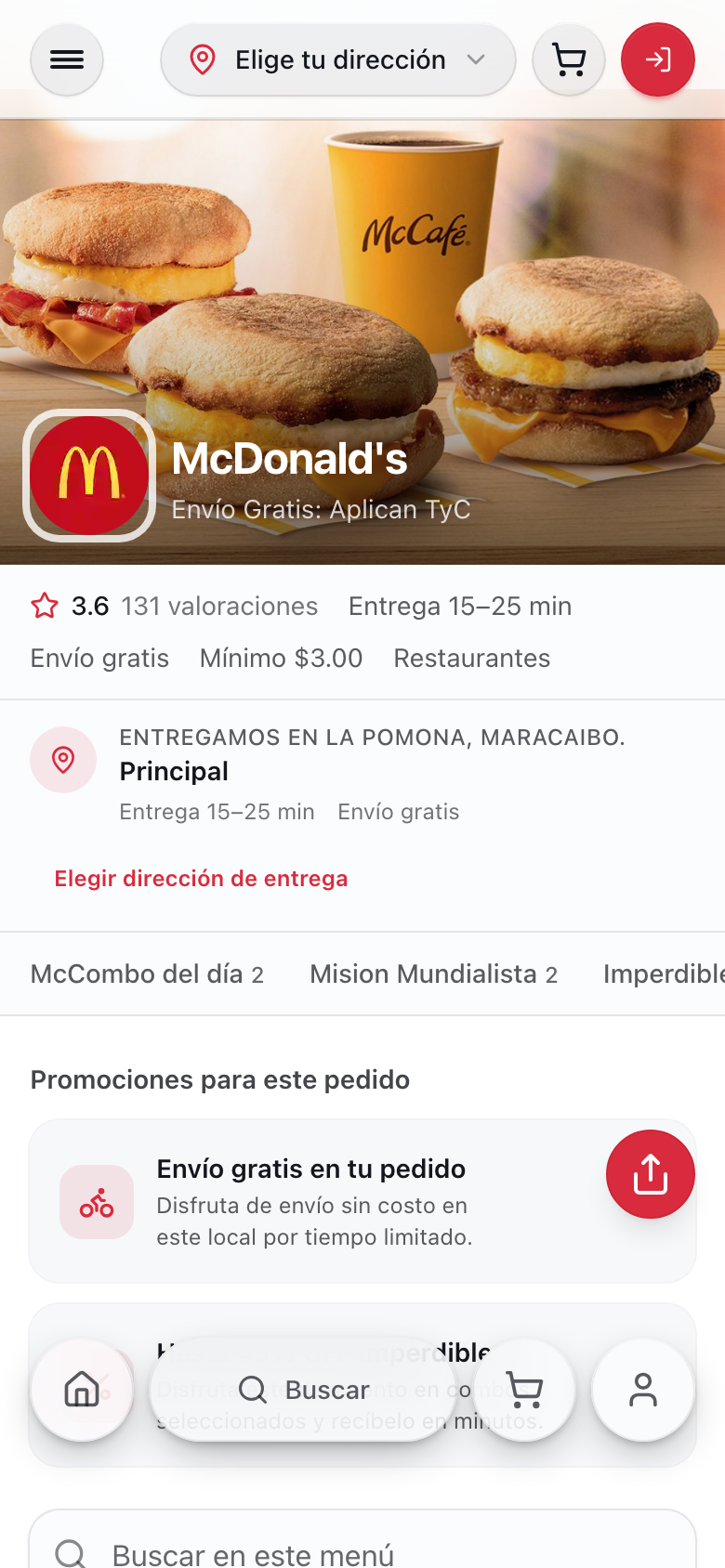 Una tienda real dentro de la app de Eats con su menú y valoraciones